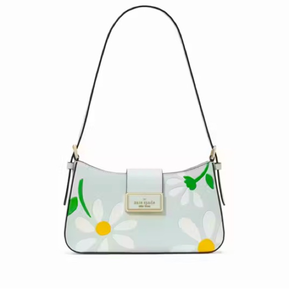 Kate Spade Green and White Floral Shoulder Bag with Gold Accents